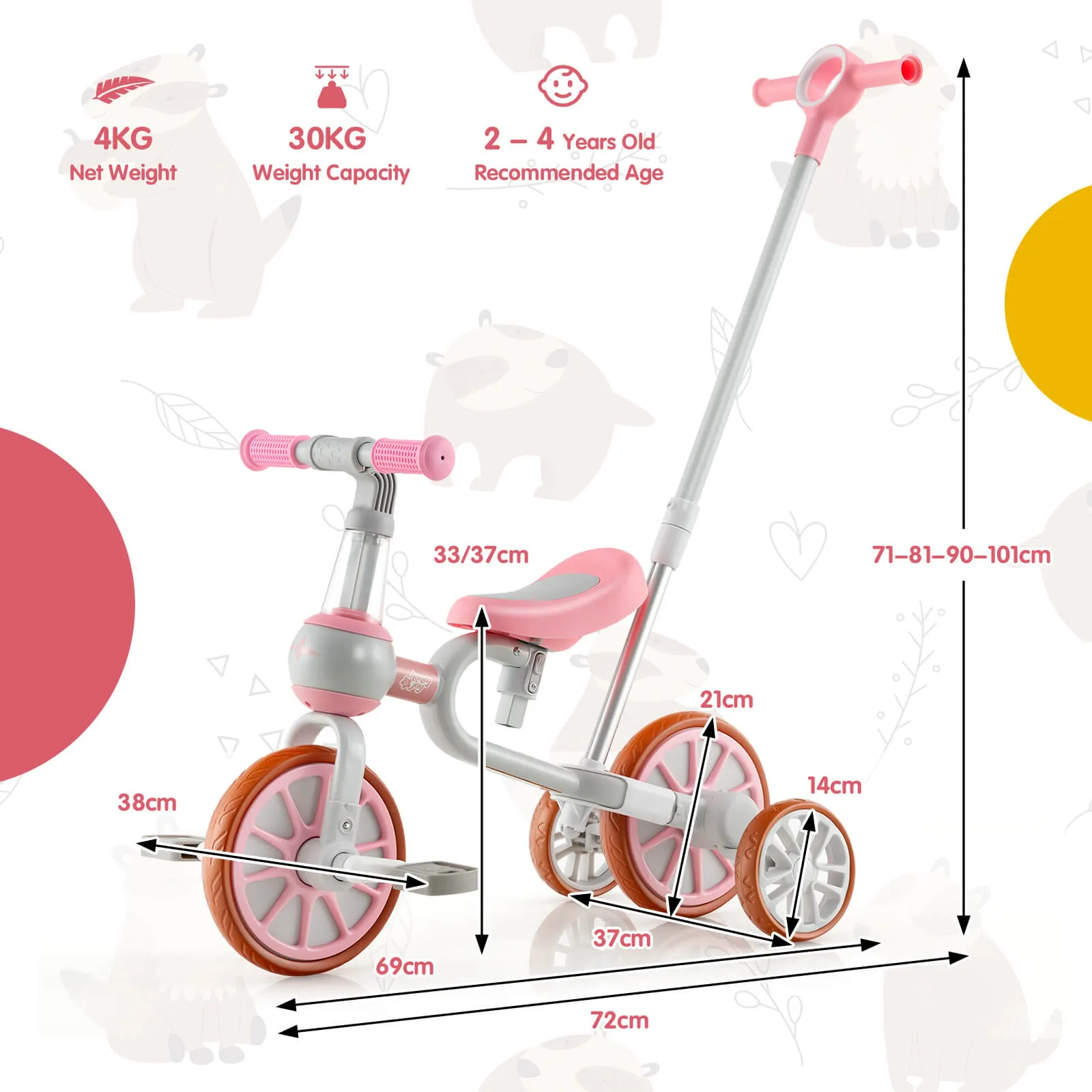 4-in-1 Multifunctional Kids Training Balance Trike wih Adjustable Push Handle-Pink