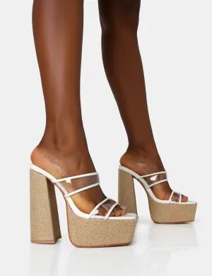 Carley White Perspex Mule Square Toe Platform Raffia Block Heels