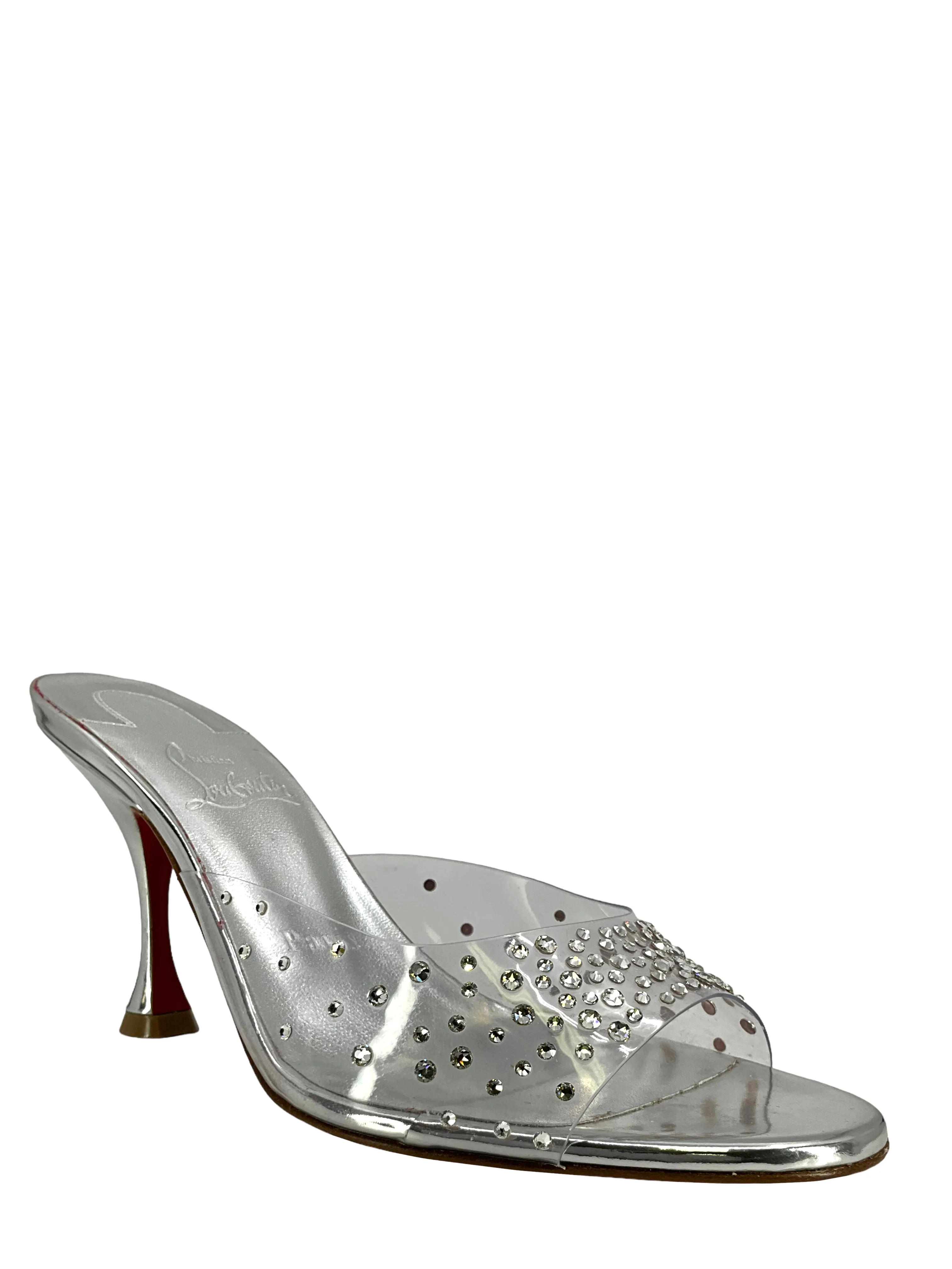 CHRISTIAN LOUBOUTIN Degramule Strass 85 Crystal-Embellished PVC Mules Size 6.5 NEW