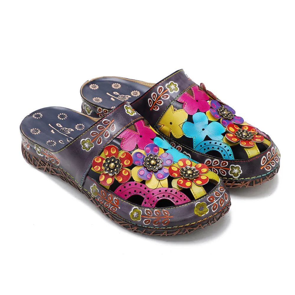 CrazycatZ Leather Clogs,Women Leather Bohemian Colorful Slide Sandal Mules 0903