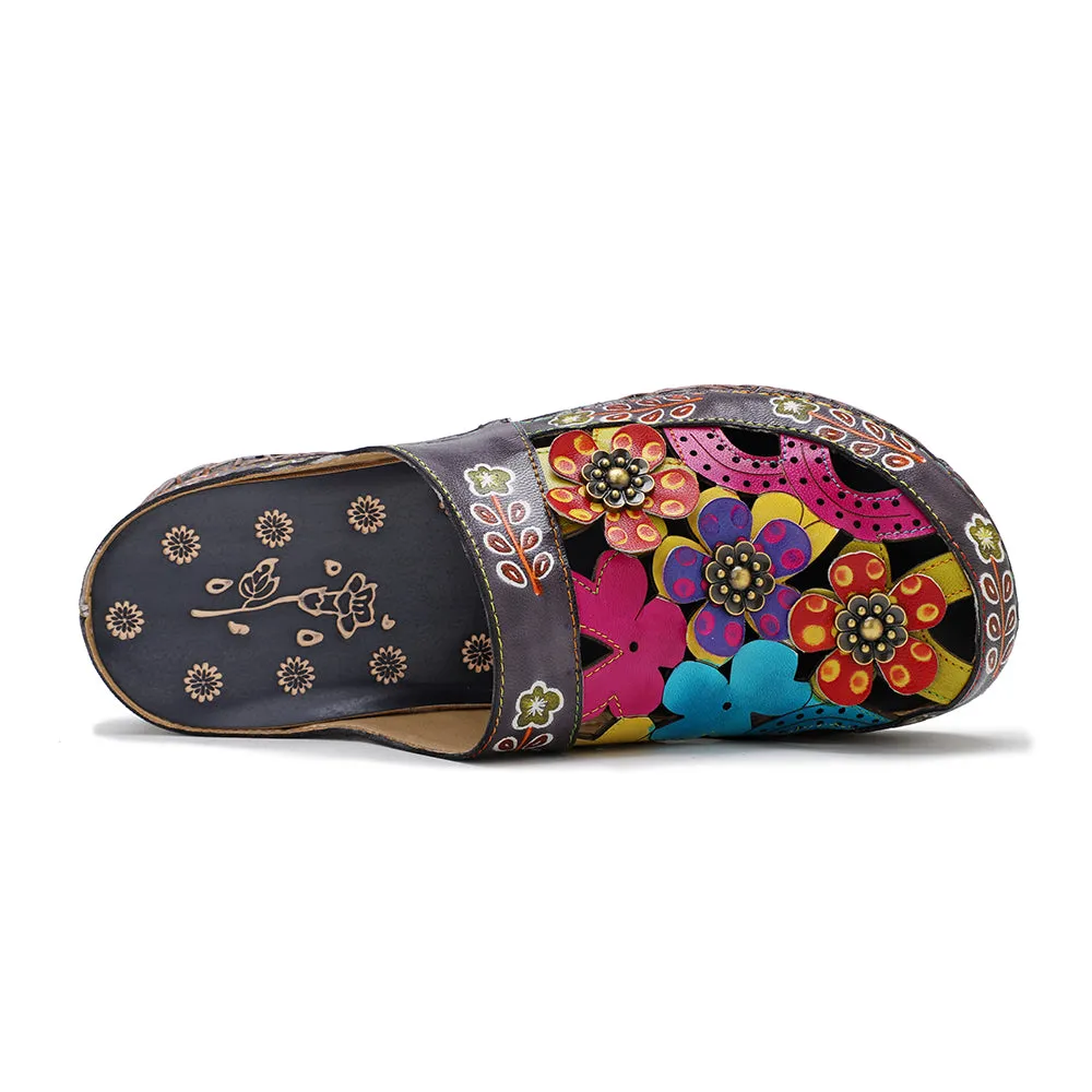 CrazycatZ Leather Clogs,Women Leather Bohemian Colorful Slide Sandal Mules 0903