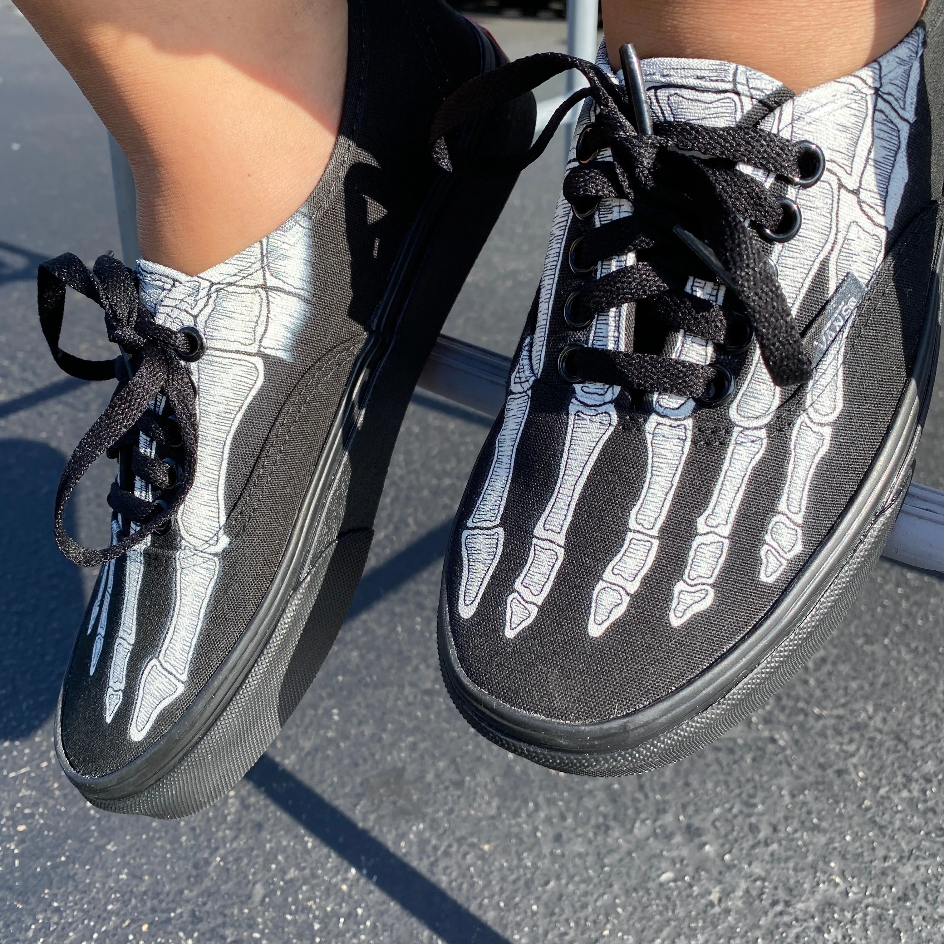 Custom Authentics All Black Skeleton Boney Feet - Custom Vans Shoes