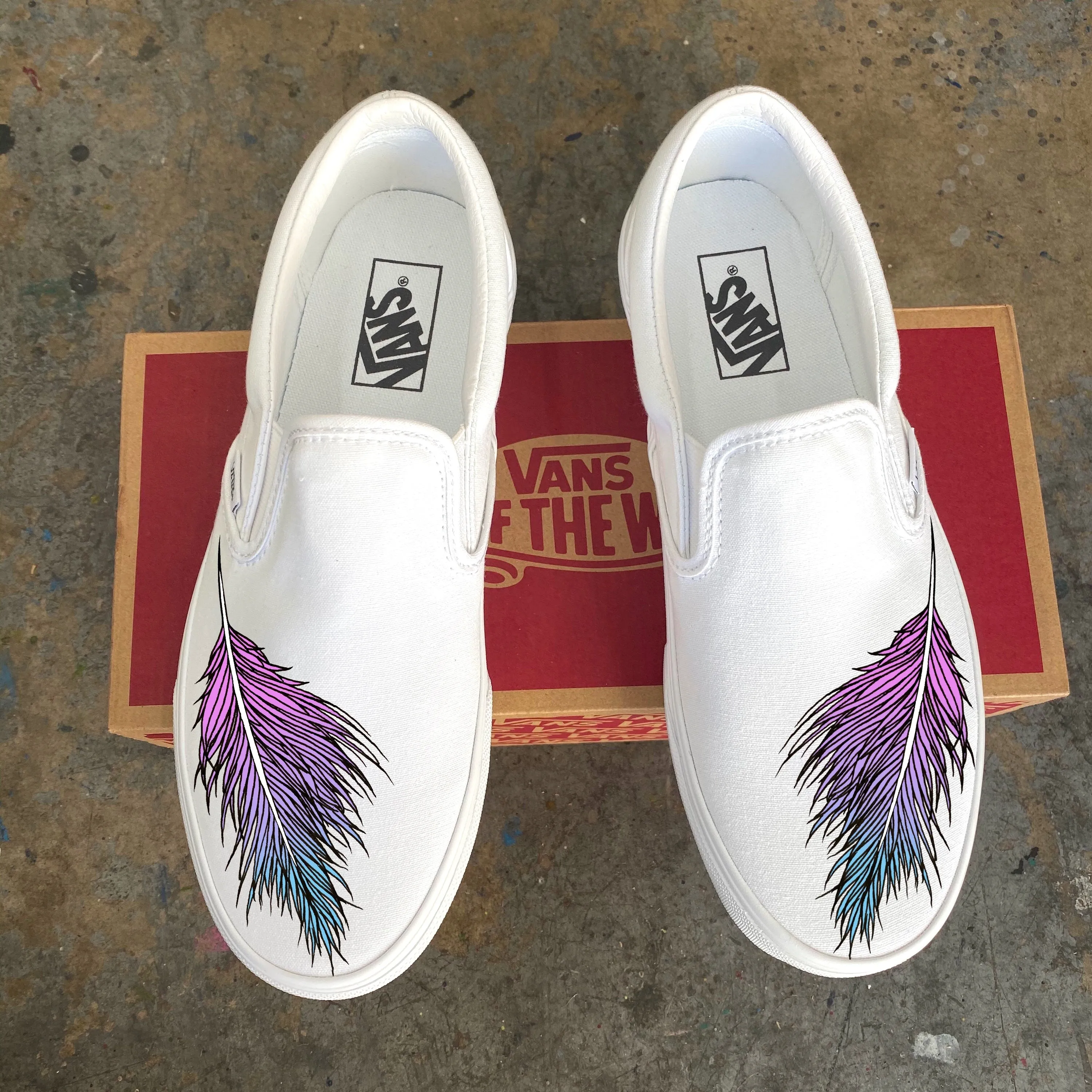 Custom Vans Shoes - Feather White Slip Ons