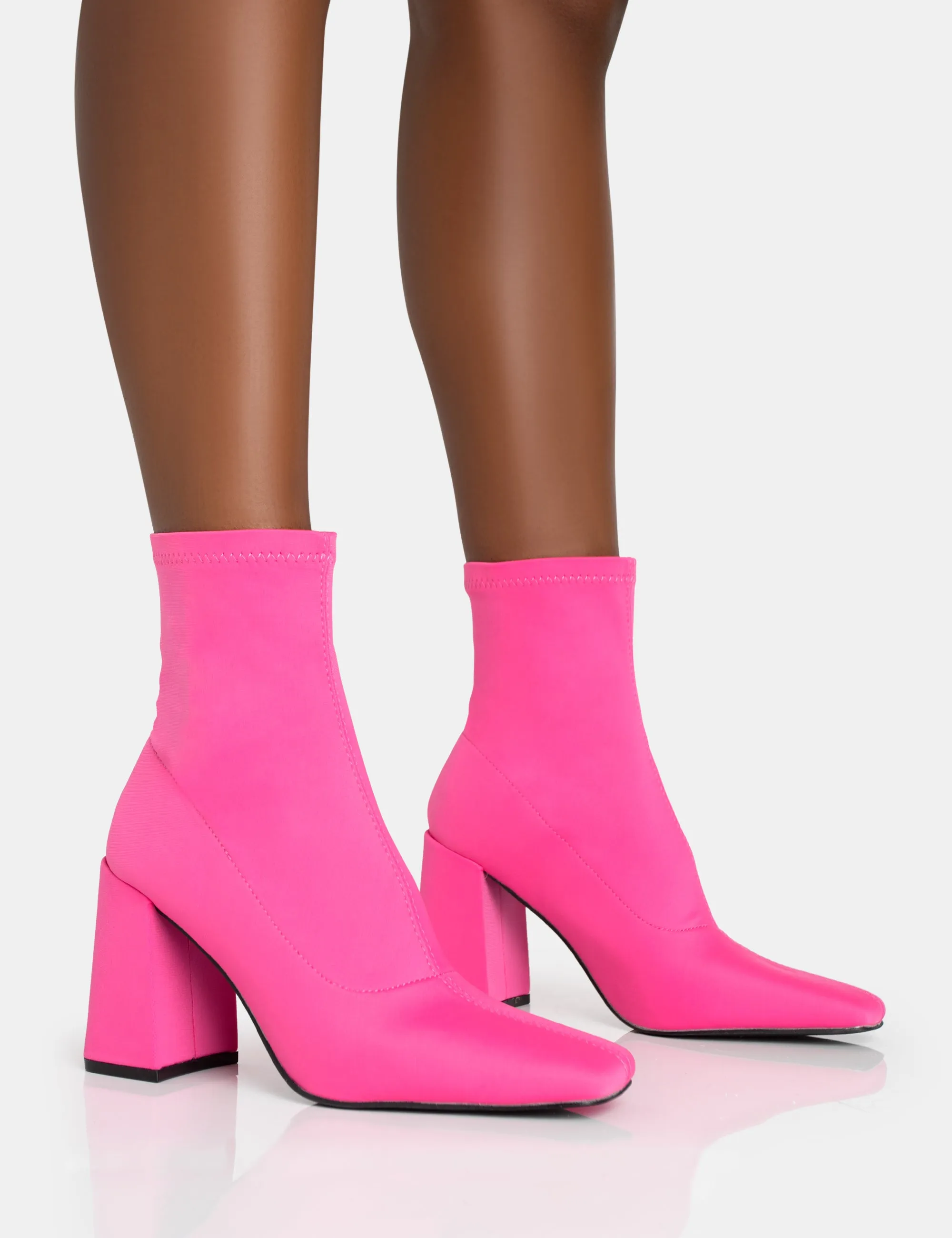 Delani Hot Pink Neoprene Rounded Pointed Block Heel Ankle Boots