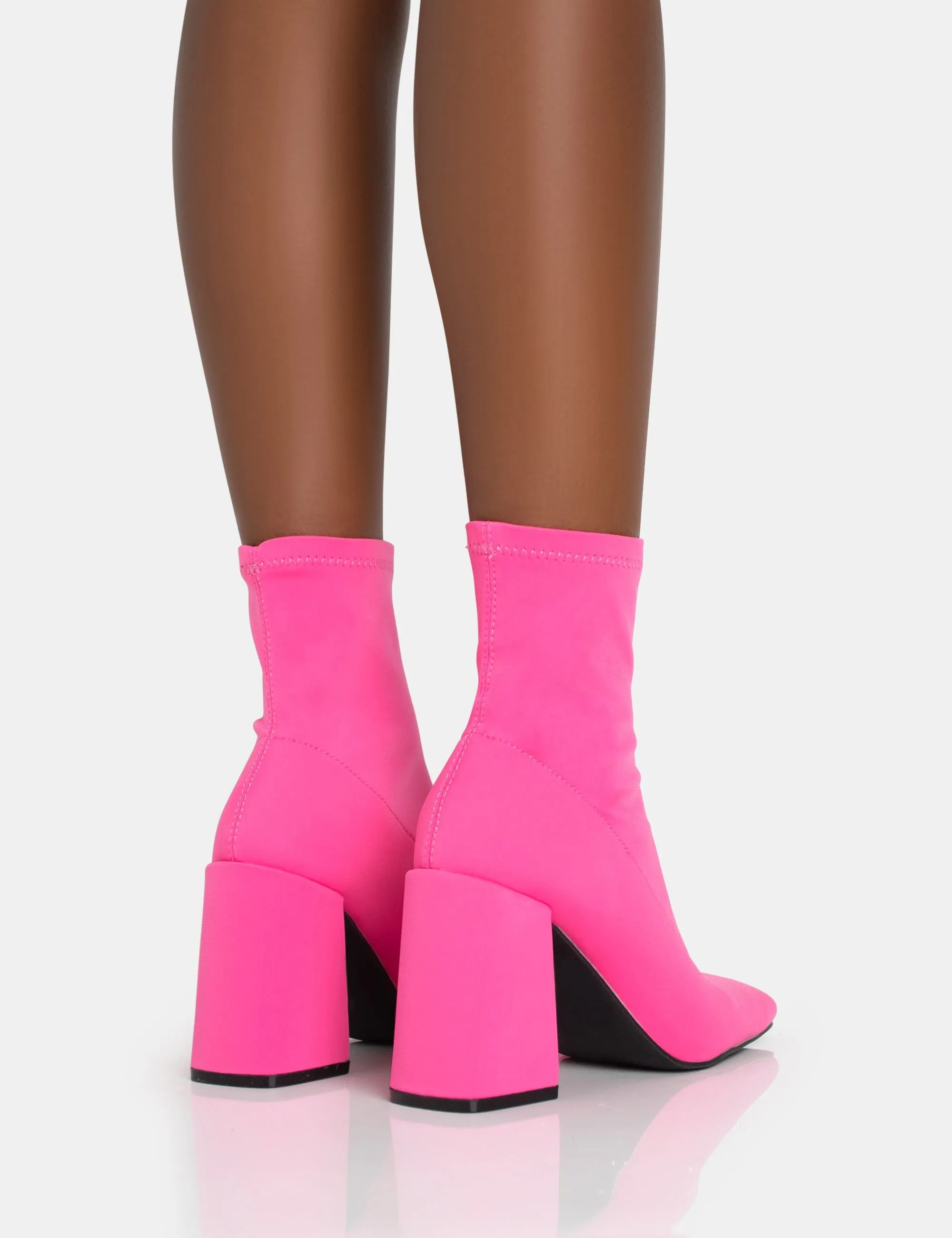 Delani Hot Pink Neoprene Rounded Pointed Block Heel Ankle Boots