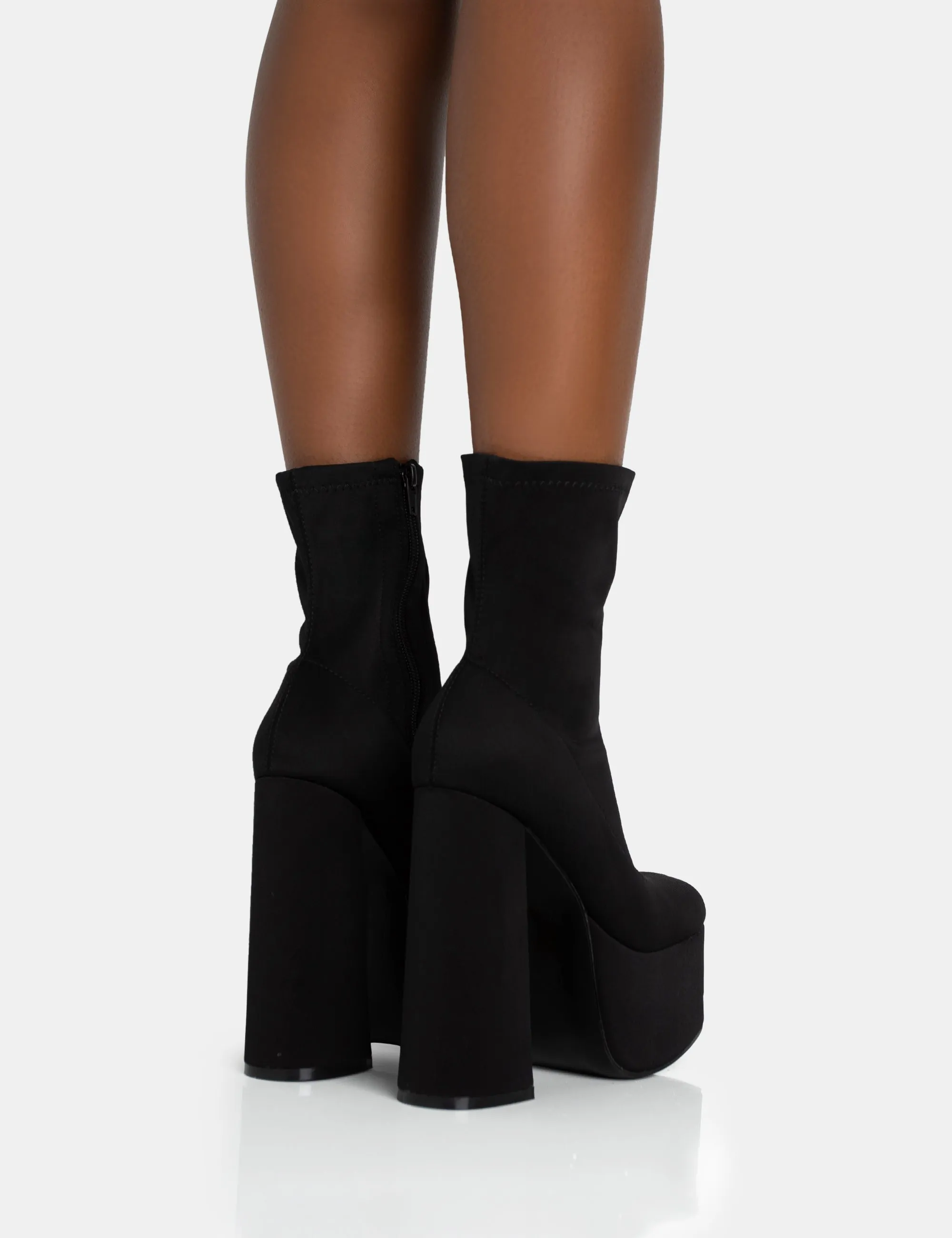 Dominate Black Nylon Platform Rounded Block Heeled Ankle Boots