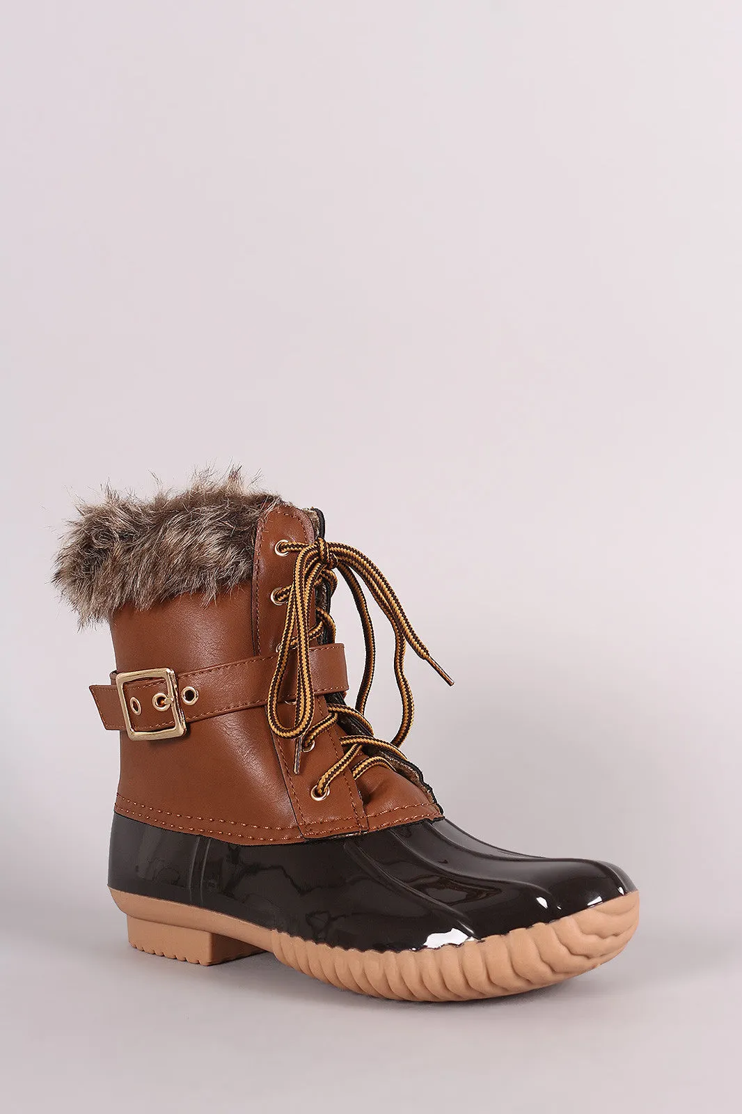 Faux Fur Cuff Lace Up Duck Ankle Boots