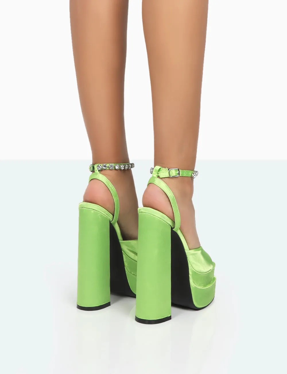 Frozen Lime Satin Sparkly Diamante Strap Open Toe Block Platform Heels