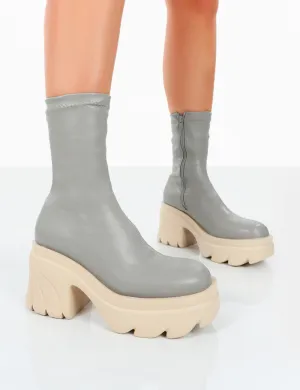 Jennie Grey Pu Platform Chunky Sole Heeled Ankle Boots