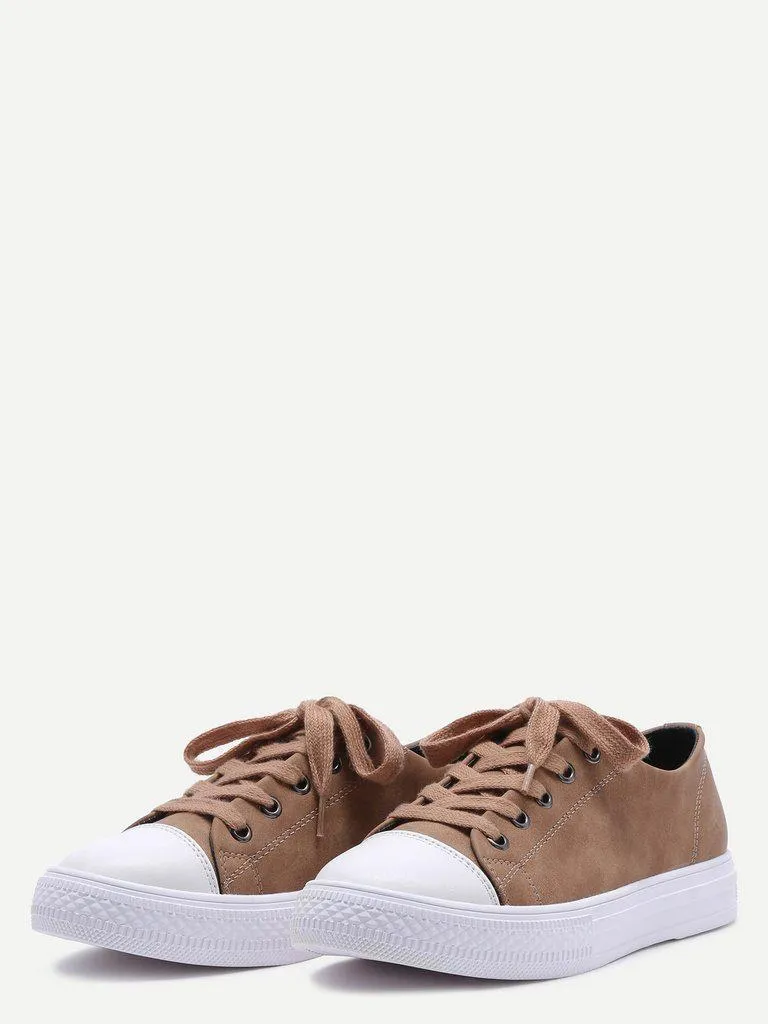 Khaki Lace Up PU Low Top Sneakers