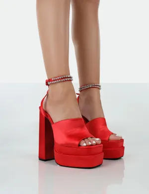 Lilibet Red Satin Diamante Lace Up Strappy Platform Block Heels