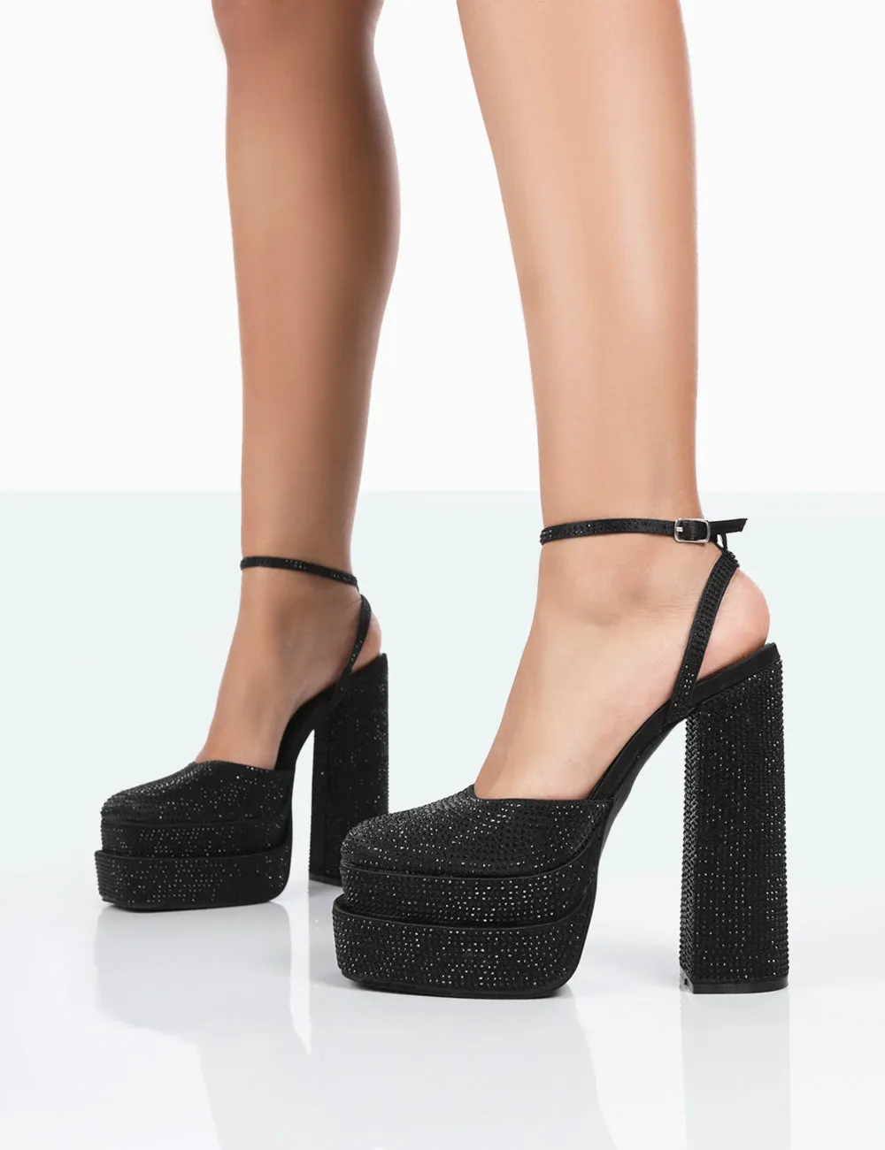 Moonchild Black Sparkly Diamanté Satin Closed Toe Platform Block Heels