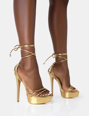 Muse Gold Metallic PU Strappy Lace Up Platform Pointed Toe Stiletto Heels