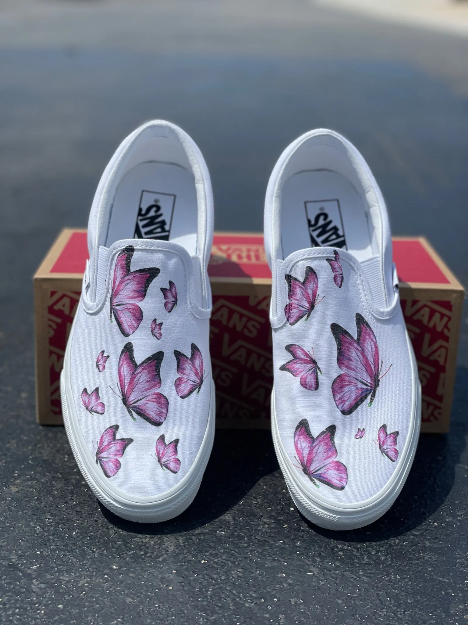 Pink Butterfly - Custom White Slip Ons