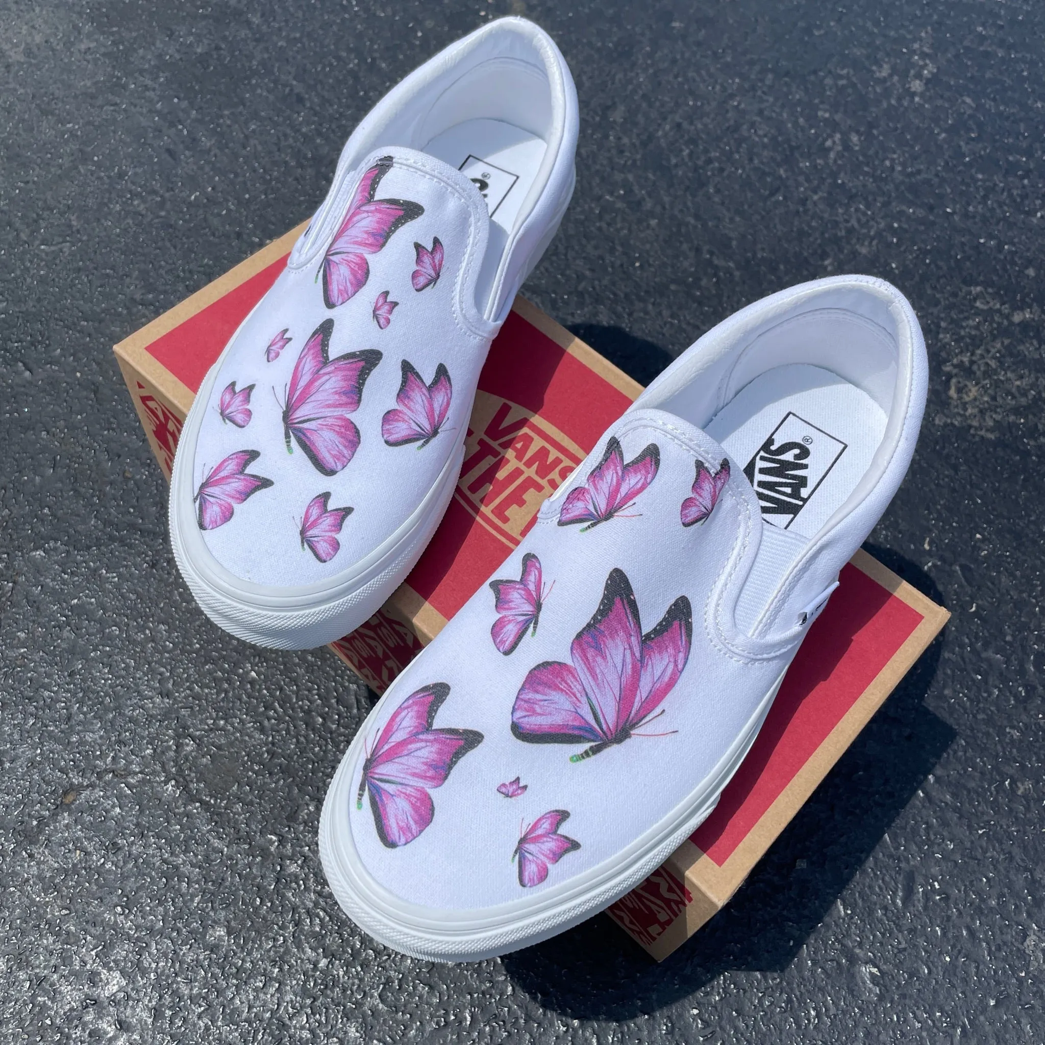 Pink Butterfly - Custom White Slip Ons