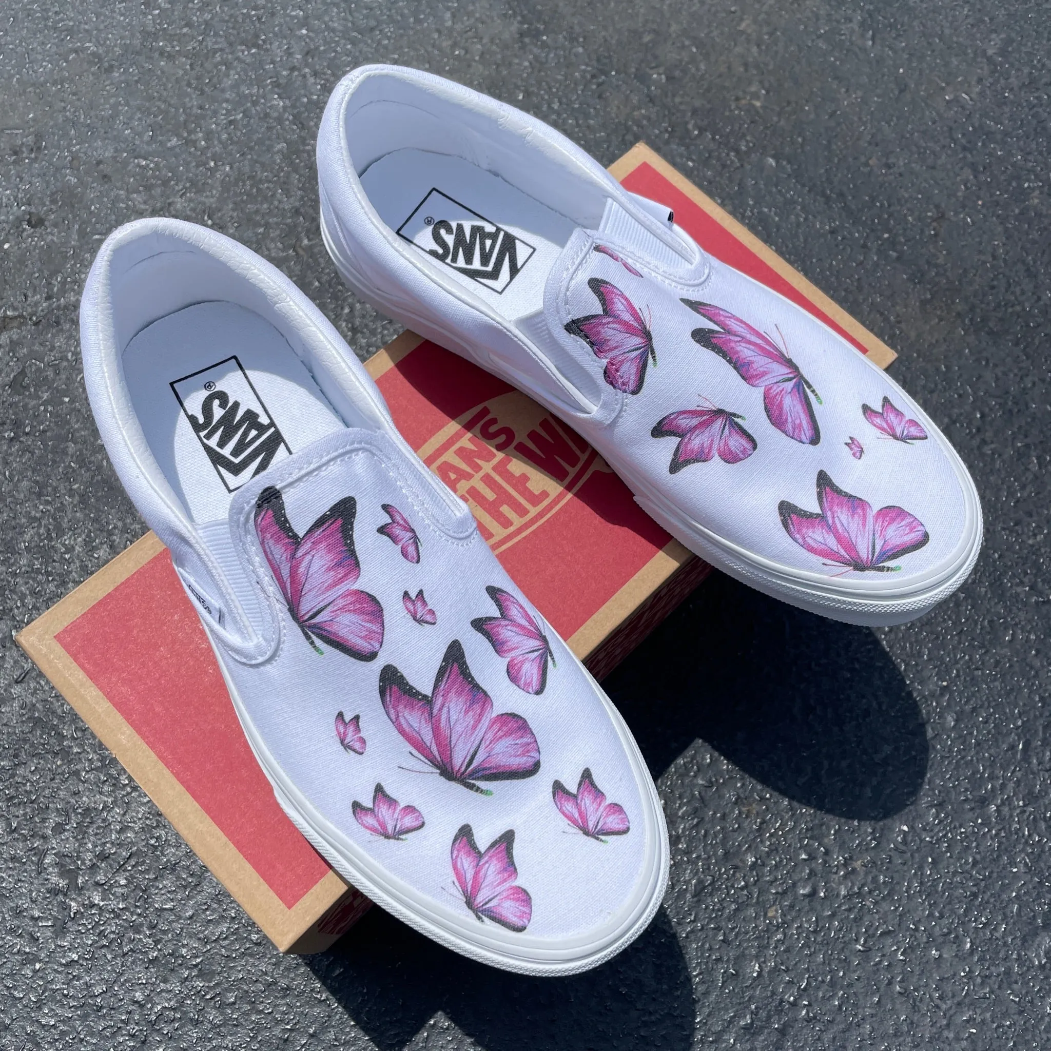 Pink Butterfly - Custom White Slip Ons