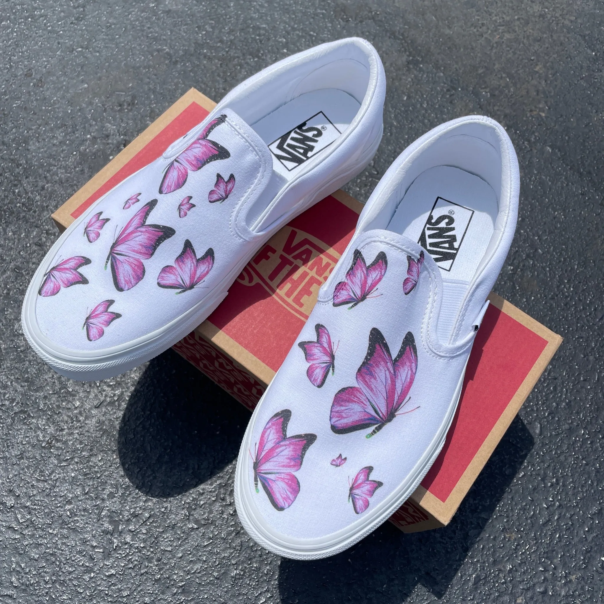 Pink Butterfly - Custom White Slip Ons