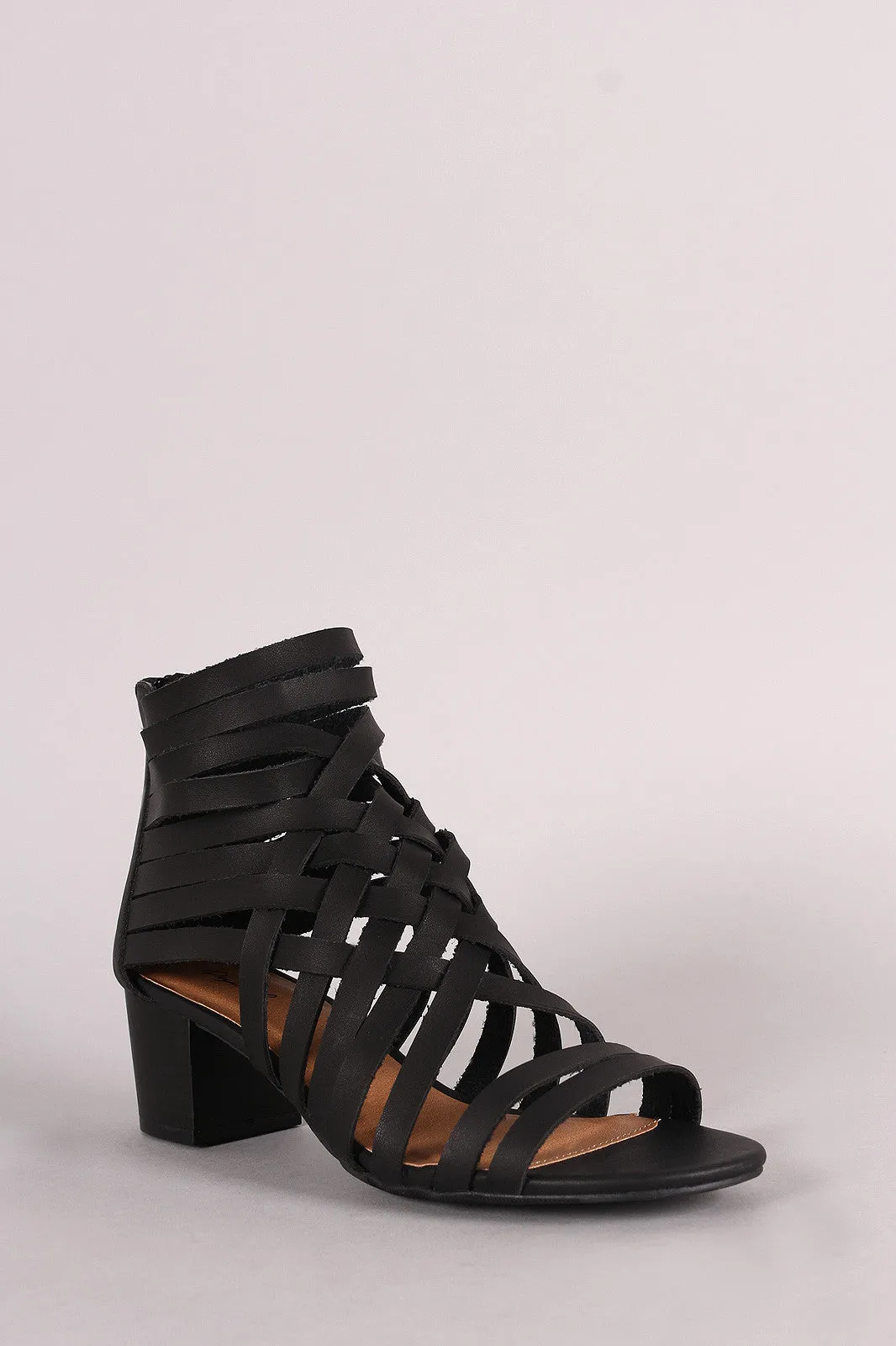 Qupid Vegan Leather Strappy Woven Block Heel Sandal