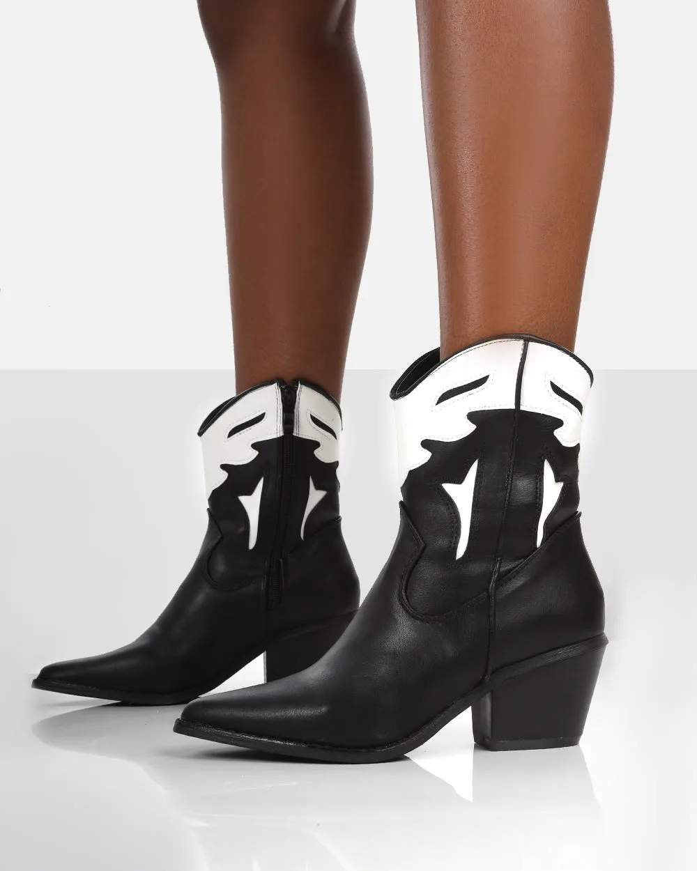 Ranch Black Pu Western Panel Detail Pointed Toe Cowboy Ankle Boots