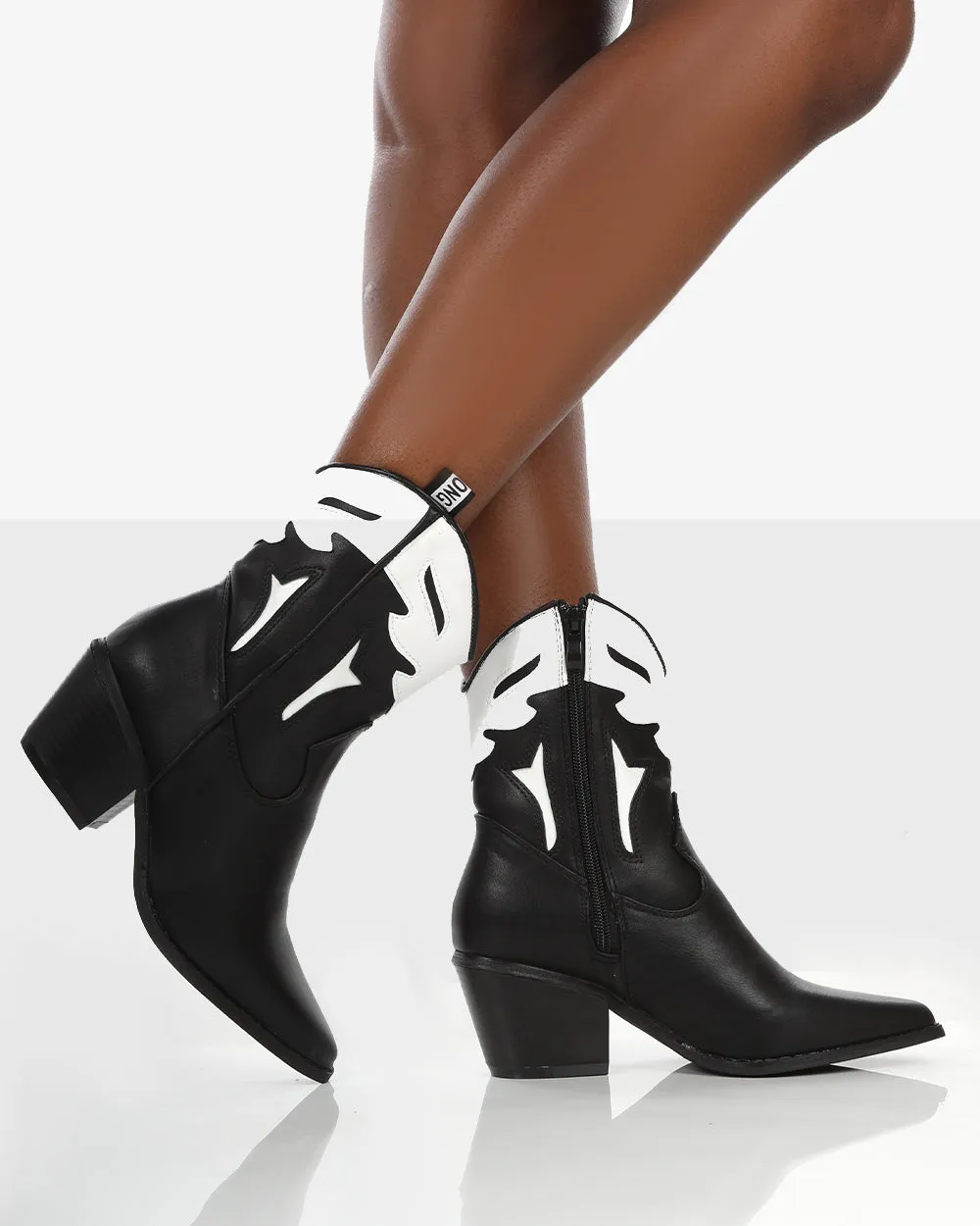 Ranch Black Pu Western Panel Detail Pointed Toe Cowboy Ankle Boots