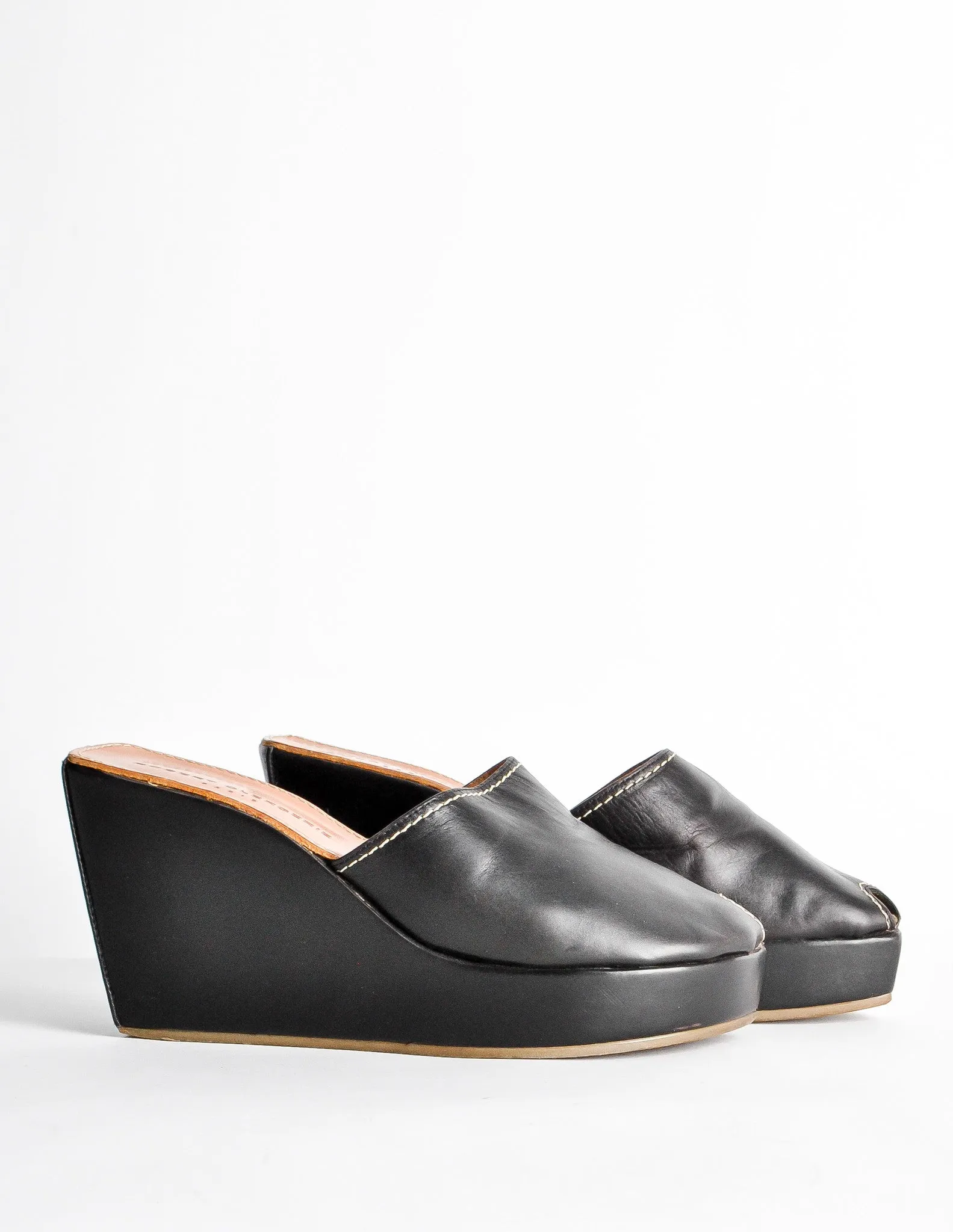 Robert Clergerie Vintage Black Leather Peep Toe Platform Mules