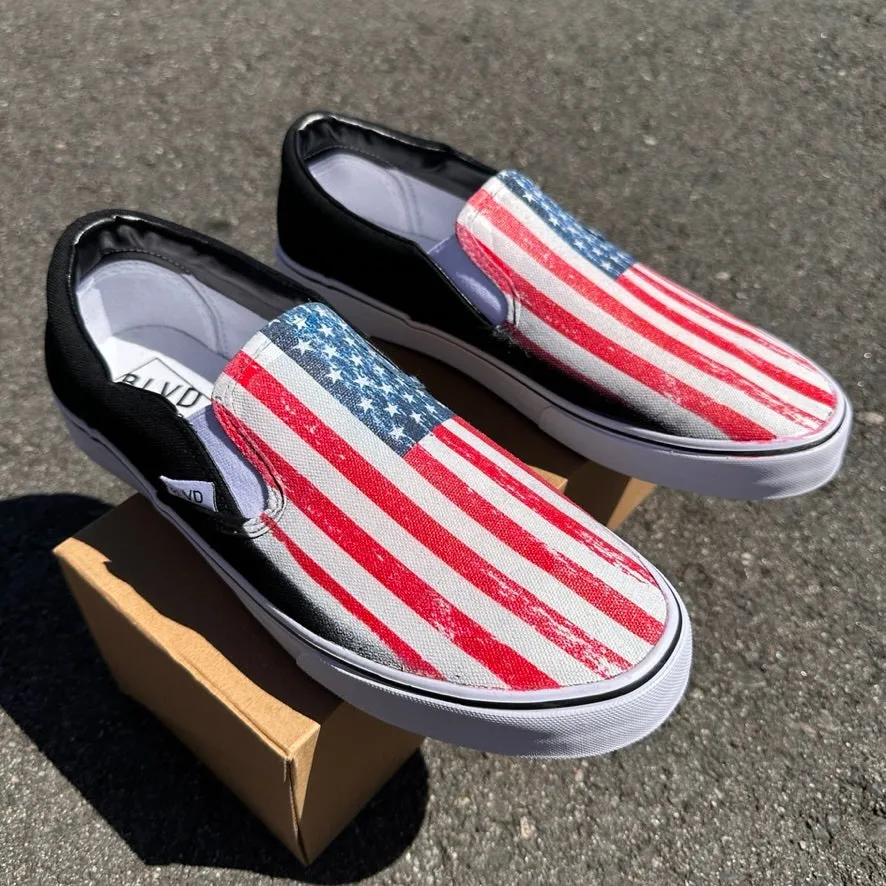 Rustic Vintage American Flag USA Red White Blue - BLVD Custom Original Slip On Shoes