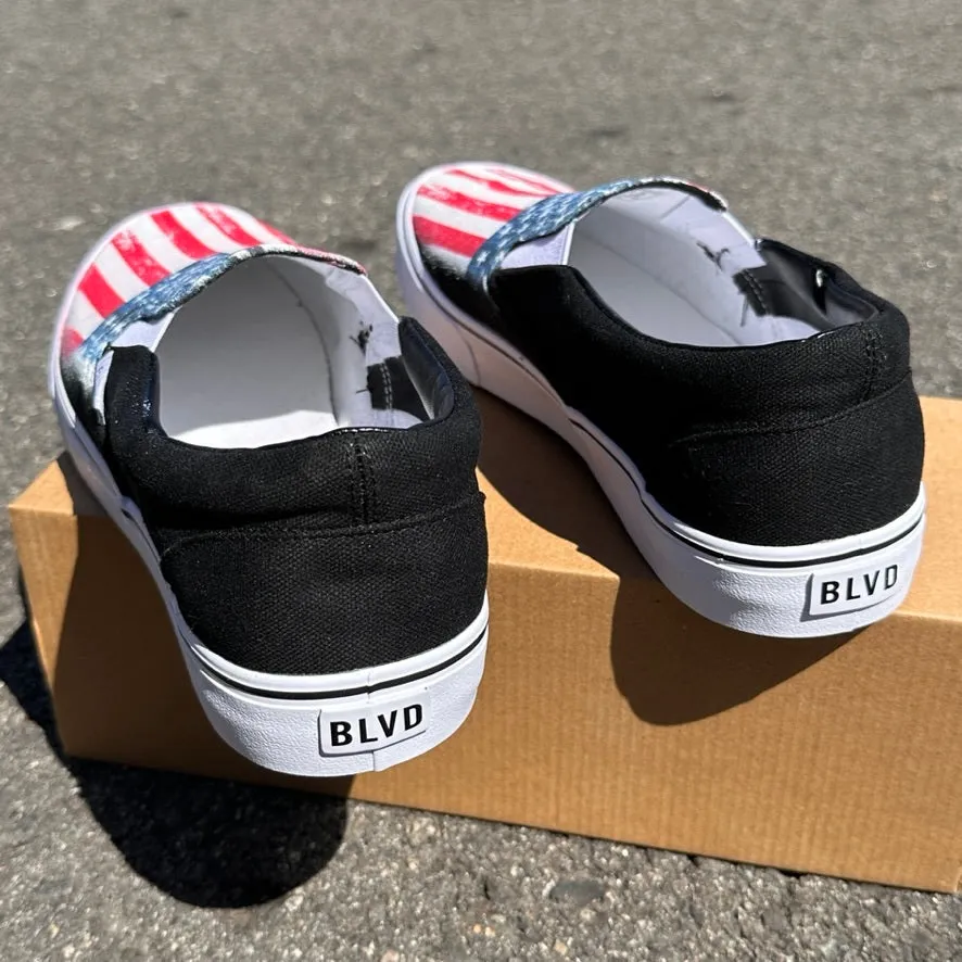 Rustic Vintage American Flag USA Red White Blue - BLVD Custom Original Slip On Shoes