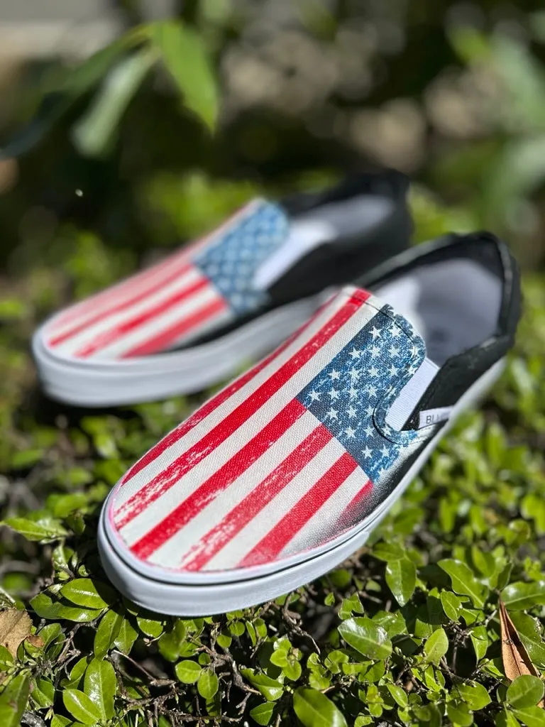 Rustic Vintage American Flag USA Red White Blue - BLVD Custom Original Slip On Shoes