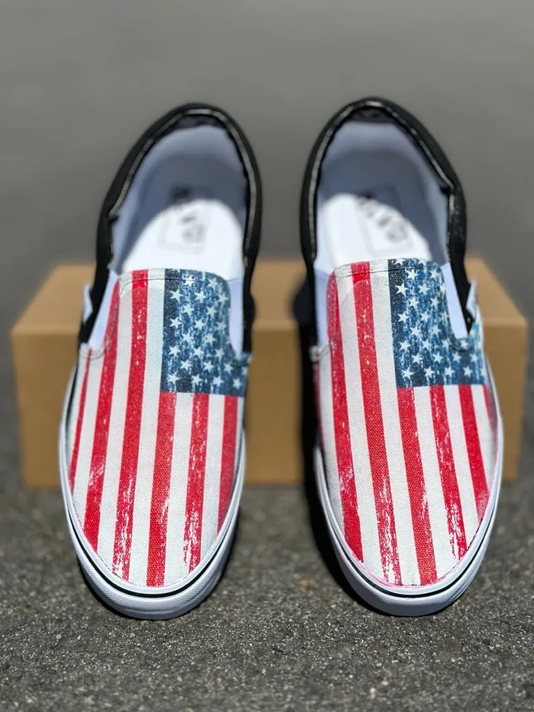 Rustic Vintage American Flag USA Red White Blue - BLVD Custom Original Slip On Shoes