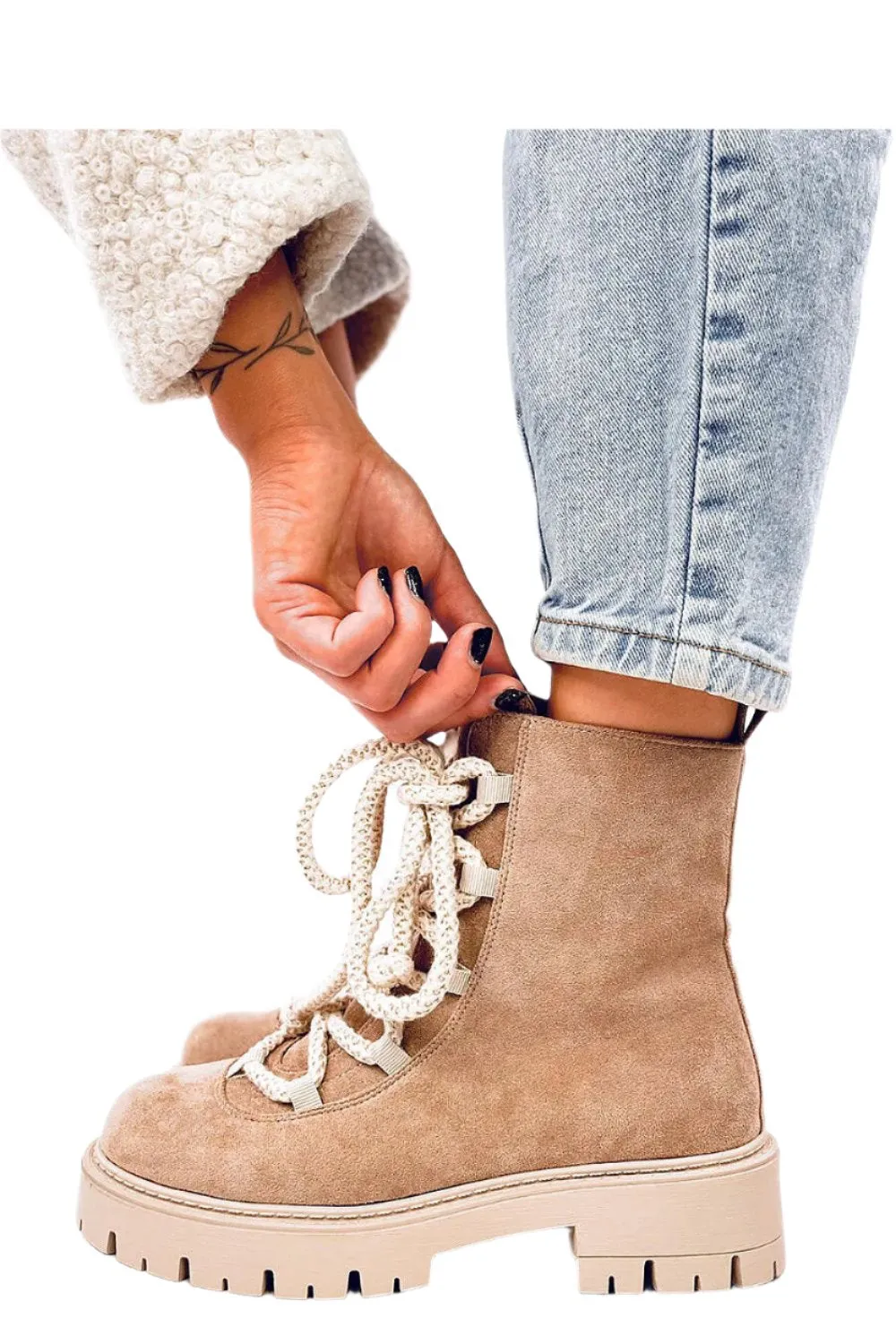 TEEK - Beige Thick Rope Lace Suede Touch Boots